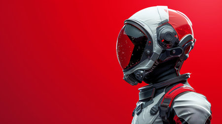 A man in a space suit wearing headphones, immersed in listening to music in a space-like environment.の素材