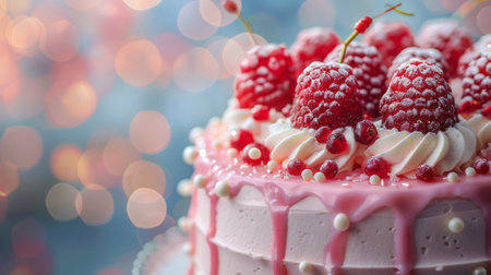 A detailed view of a cake decorated with fresh raspberries on top, showing the sweet and fruity dessert.の素材