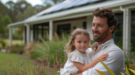A man and a young girl standing together in front of a house, looking at the camera.の素材