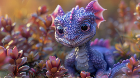 A small purple dragon perched on top of a rock in a content manner.の素材