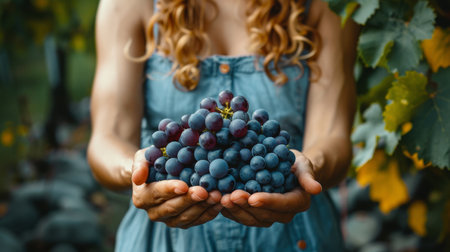 A woman standing while holding a bunch of grapes in her hands. She is examining the grapes closely.の素材