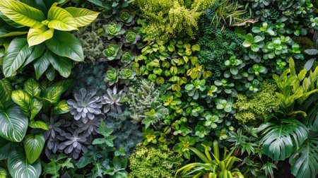 A diverse assortment of green plants thriving on a vertical surface, displaying lush foliage and vibrant growth.の素材