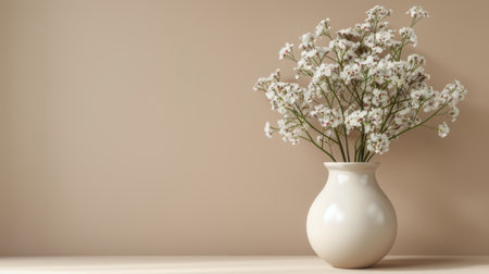 A white vase holding white flowers rests on a window sill, illuminated by natural light.の素材