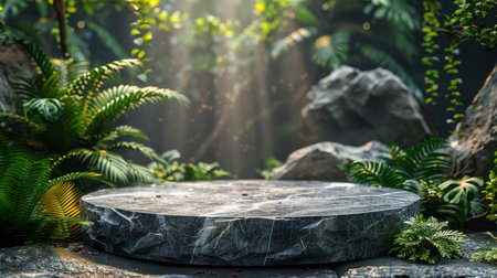 A stone table is nestled within a garden, encircled by lush green plants and rugged rocks under the sun.の素材