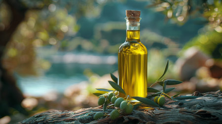 A bottle of olive oil placed on top of a tree trunk.の素材