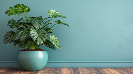 A living room setting featuring a spacious wooden table surrounded by a set of blue chairs.の素材
