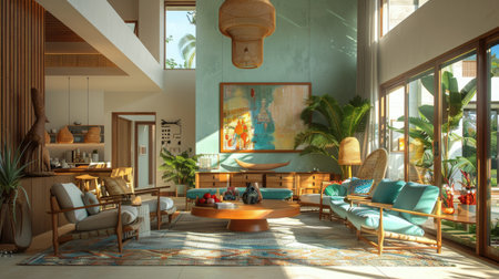 A living room setting featuring a spacious wooden table surrounded by a set of blue chairs.の素材