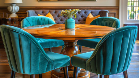 A living room setting featuring a spacious wooden table surrounded by a set of blue chairs.の素材