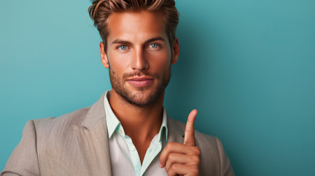 A man in a gray jacket pointing directly at the camera in an assertive manner.の素材