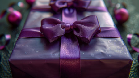 A detailed view of a purple gift wrapped in shiny paper, perfect for special occasions like birthdays or holidays.の素材
