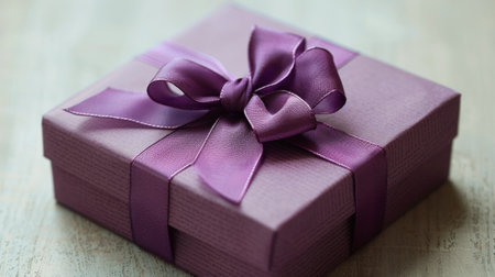 A detailed view of a purple gift wrapped in shiny paper, perfect for special occasions like birthdays or holidays.の素材