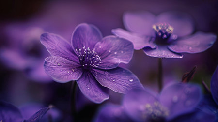 A group of vibrant purple flowers surrounded by lush green leaves in a natural setting.の素材