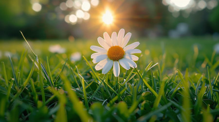 A single daisy stands out in a field of lush green grass under the bright sun.の素材