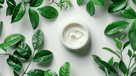 A jar of cream placed amidst vibrant green leaves in a natural setting.の素材