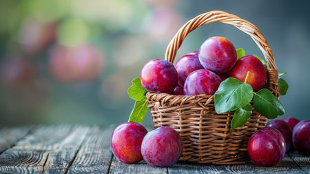 Fresh plums collected in a woven basket resting on a rustic wooden table.の素材