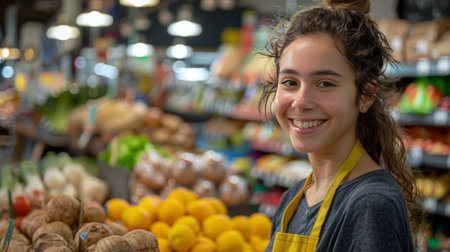 A young girl in an apron stands in front of a fruit stand, showing a variety of colorful fruits.の素材
