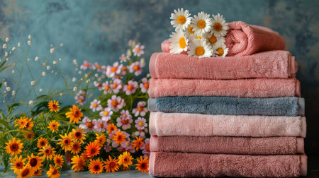 Towels neatly stacked in a pile with vibrant daisies resting on top, adding a touch of freshness and color.の素材