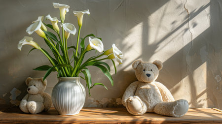 A teddy bear sits next to a vase filled with vibrant flowers.の素材