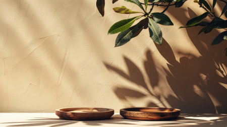 A couple of bowls are placed neatly on top of a wooden table.の素材