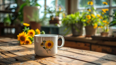 A white coffee mug is placed on top of a wooden table, creating a simple yet inviting scene.の素材