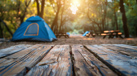 A blue tent placed on top of a wooden table.の素材