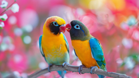 Two vibrant birds of different colors perched on a tree branch, showing their colorful plumage under the sunlight.の素材