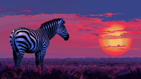 A realistic painting of a zebra standing majestically in a grassy field under the clear sky.の素材