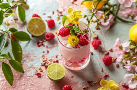 a pink raspberry lychee lemonlime drink is topped with limes.の素材