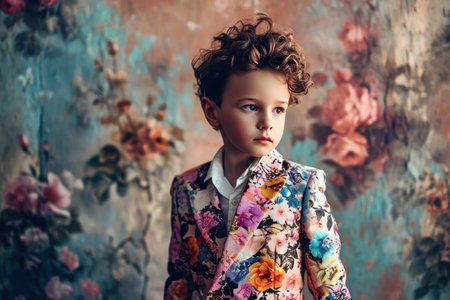 a little boy in a floral suit poses for a photo.の素材