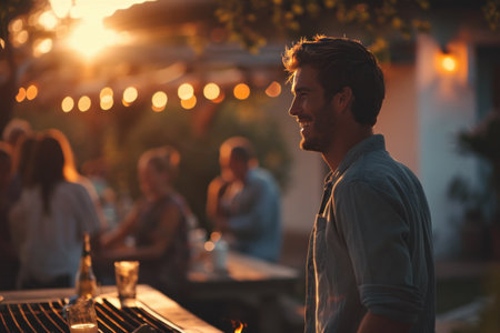 a man smiling while standing in front of a grill with a few people outside.の素材