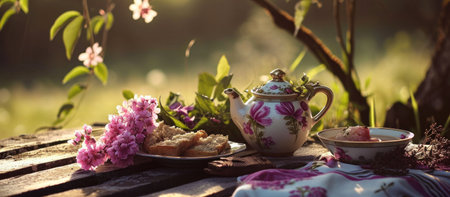 a teapot with pink flowers sits next to some food and tea.の素材