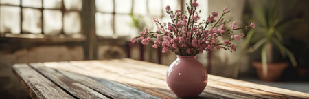 a pink vase of flowers is placed on a wooden table.の素材