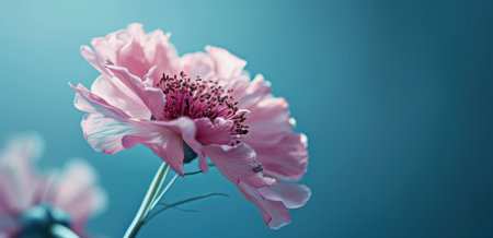 a pink flower on a blue background.の素材