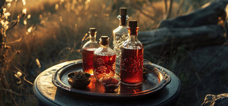 a small tray full of bottles with drinks sitting on a table with a background of a grassy hill.の素材