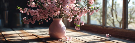 a pink vase of flowers is placed on a wooden table.の素材