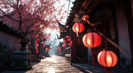 a red lantern hanging on a lantern street.の素材
