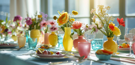 a table setting decorated with pastel colored glass vase of flowers and food.の素材