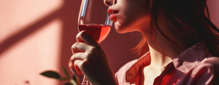 a woman holding wine and a glass in her hands.の素材