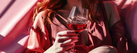 a woman holding wine and a glass in her hands.の素材