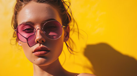 a young woman wearing pink sunglasses over a yellow background.の素材