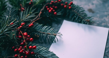 a white paper is placed in front of a winter wreath and berries.の素材