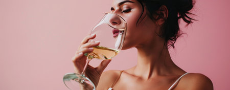 a woman drinking wine in white on pink background.の素材