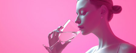 a woman drinking wine in white on pink background.の素材