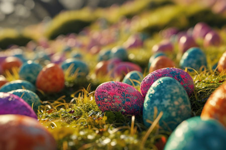 an easter egg filled meadow with colorful easter eggs.の素材