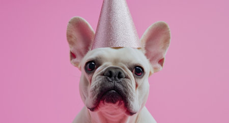 a white French bulldog in a party hat is standing on a pink background.の素材
