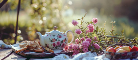 a teapot with pink flowers sits next to some food and tea.の素材