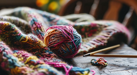 a yarn ball on table next to knitting needles.の素材