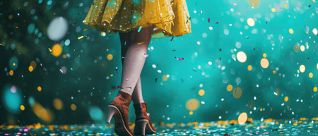 a woman with yellow high heels stands in front of a green wall.の素材