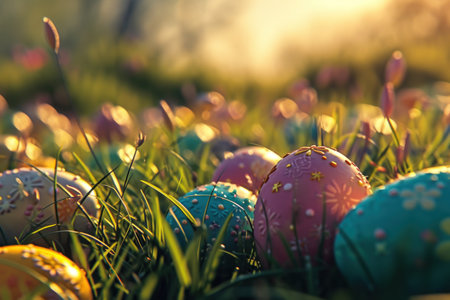 an easter egg filled meadow with colorful easter eggs.の素材