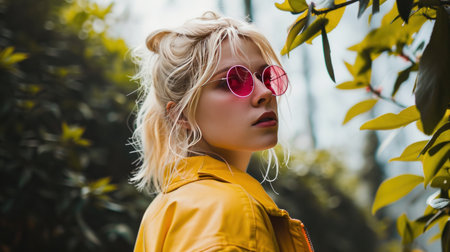 bright pink sunglasses on blonde woman dressed in yellow jacket for portrait.の素材